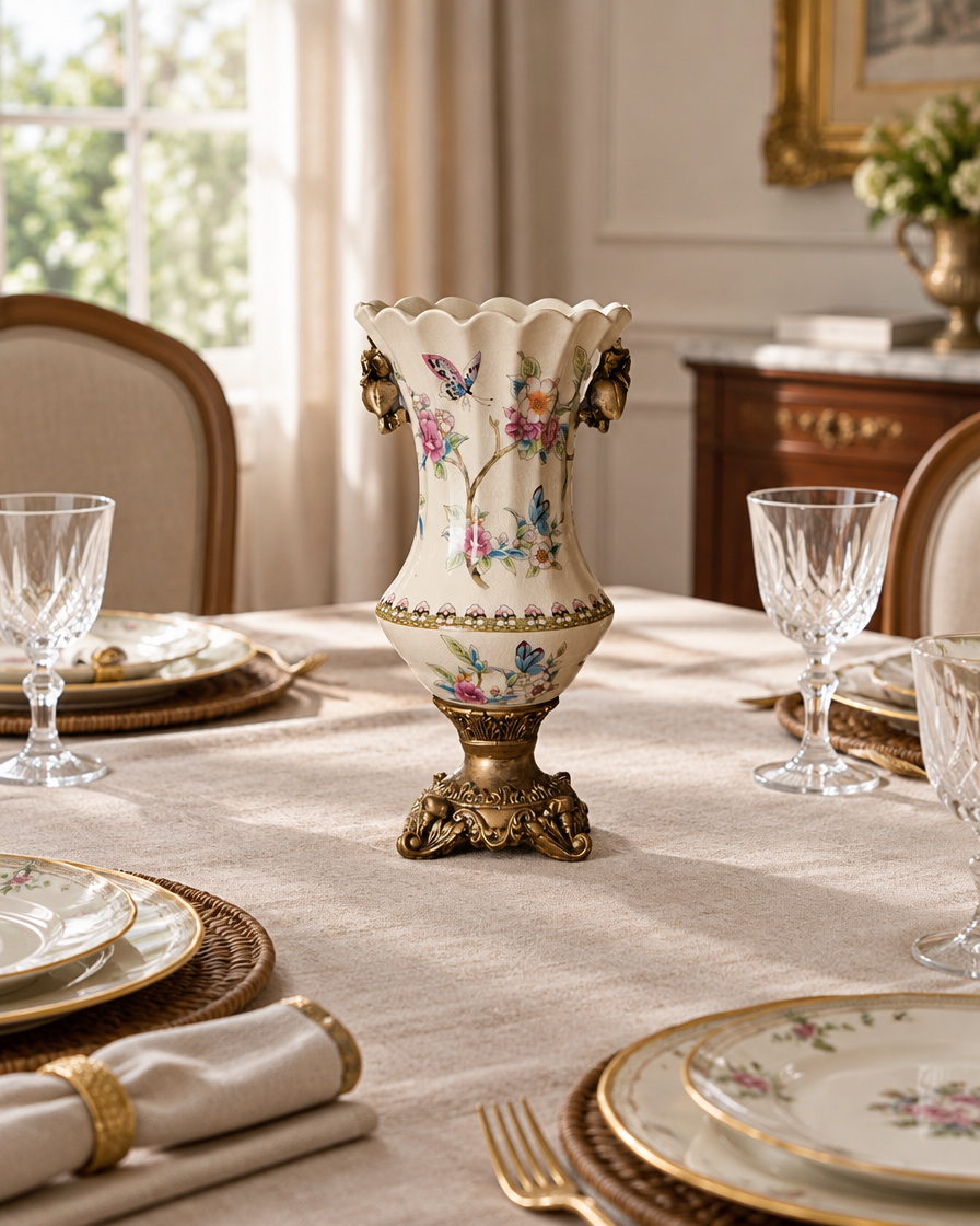 Cream Floral Porcelain Vase with Bronze-Tone Base on a dining table
