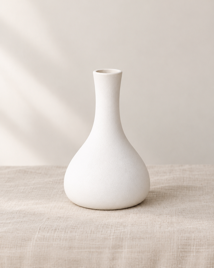 White Ceramic Bud Vase, shown alone on a linen background
