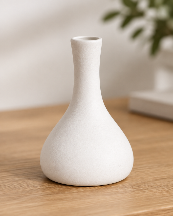 Close-up of the finish of the white ceramic bud vase