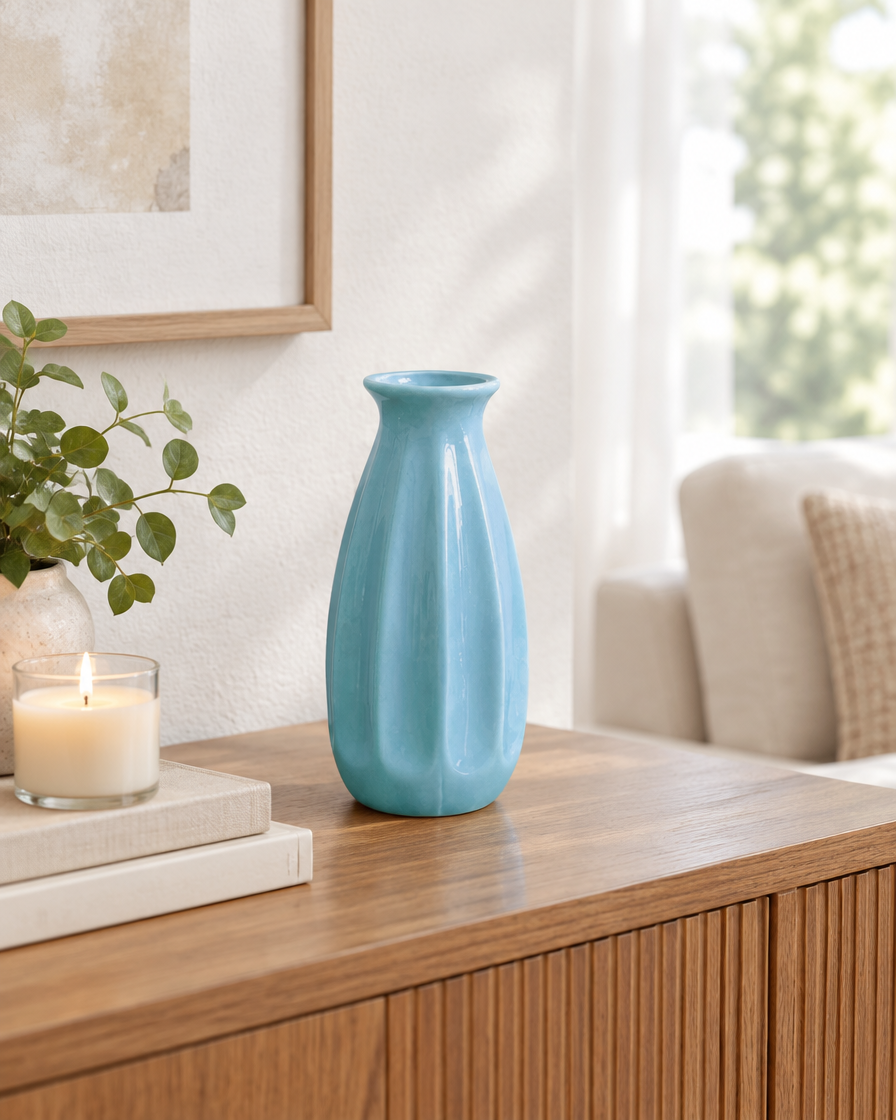 Light Blue Ribbed Ceramic Mini Vase on a console table
