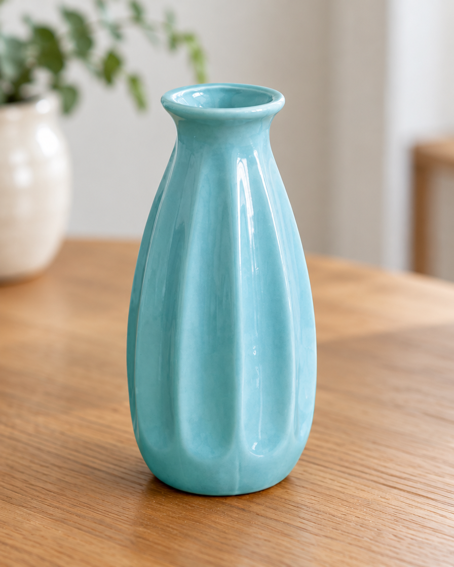 Close-up of the finish of the light blue ribbed ceramic mini vase