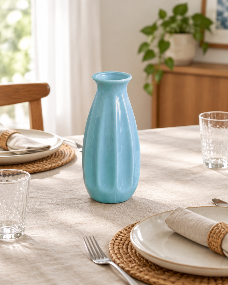 Light Blue Ribbed Ceramic Mini Vase on a dining table