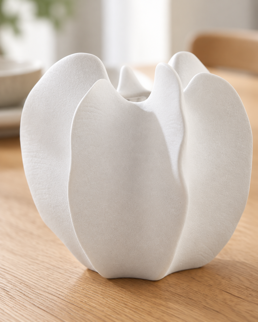 Close-up of the finish of the white lobed sculptural ceramic vase