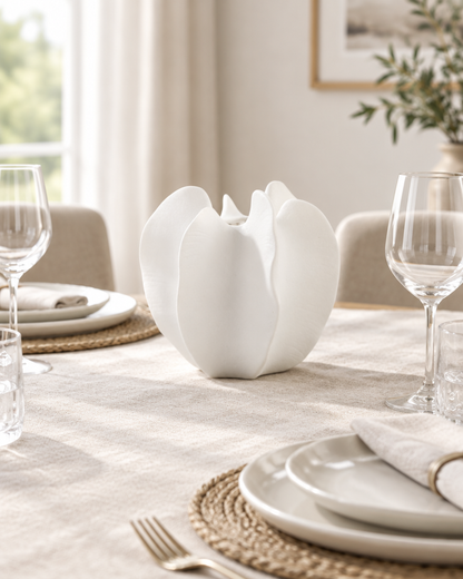 White Lobed Sculptural Ceramic Vase on a dining table