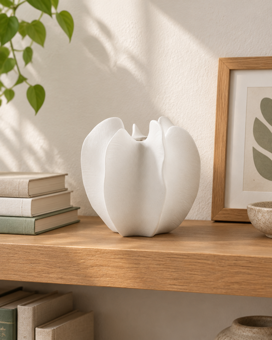 White Lobed Sculptural Ceramic Vase on a wooden shelf