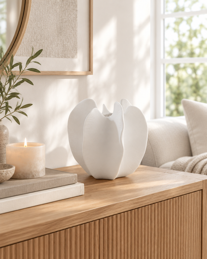 White Lobed Sculptural Ceramic Vase on a console table