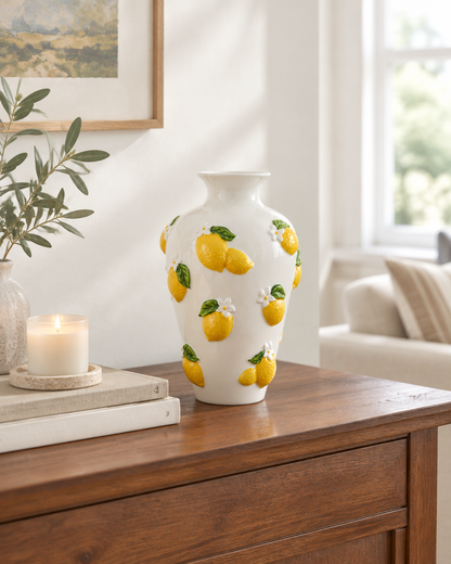 White Porcelain Vase with 3D Lemon Relief on a console table