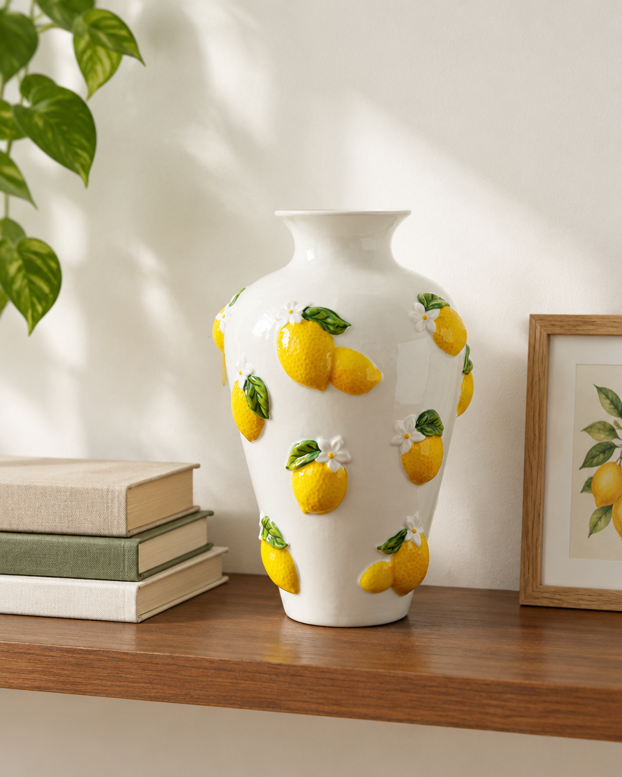 White Porcelain Vase with 3D Lemon Relief on a wooden shelf