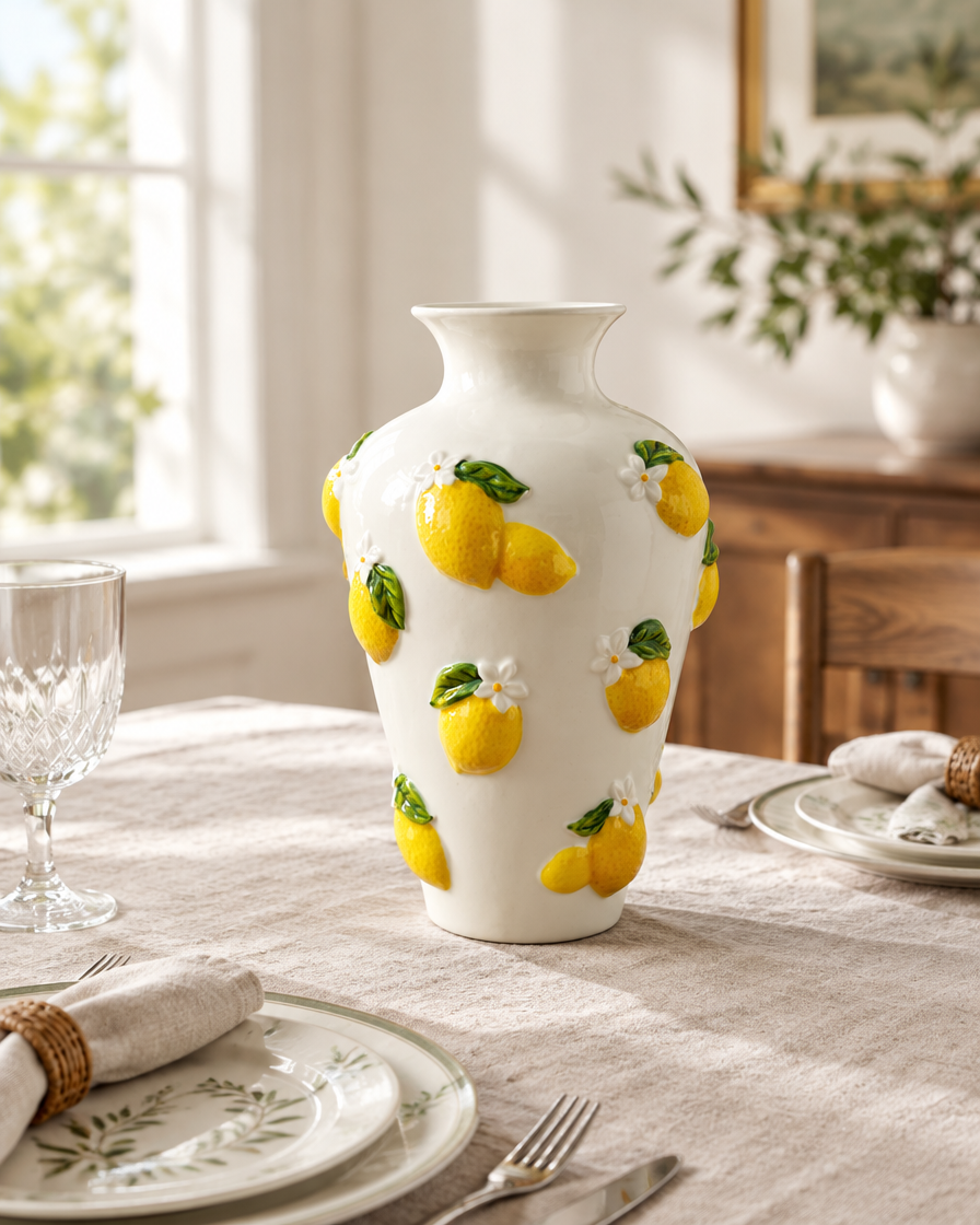 White Porcelain Vase with 3D Lemon Relief on a dining table