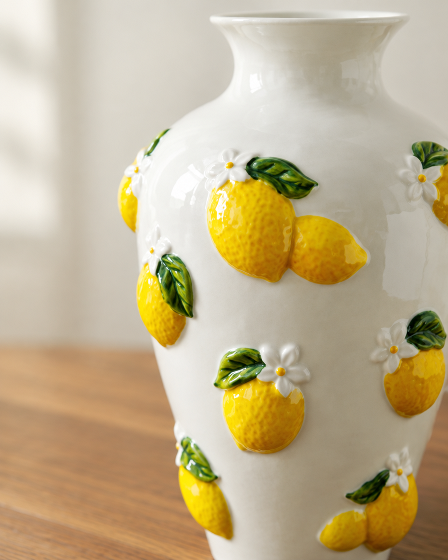 Close-up of the finish of the white porcelain vase with 3d lemon relief