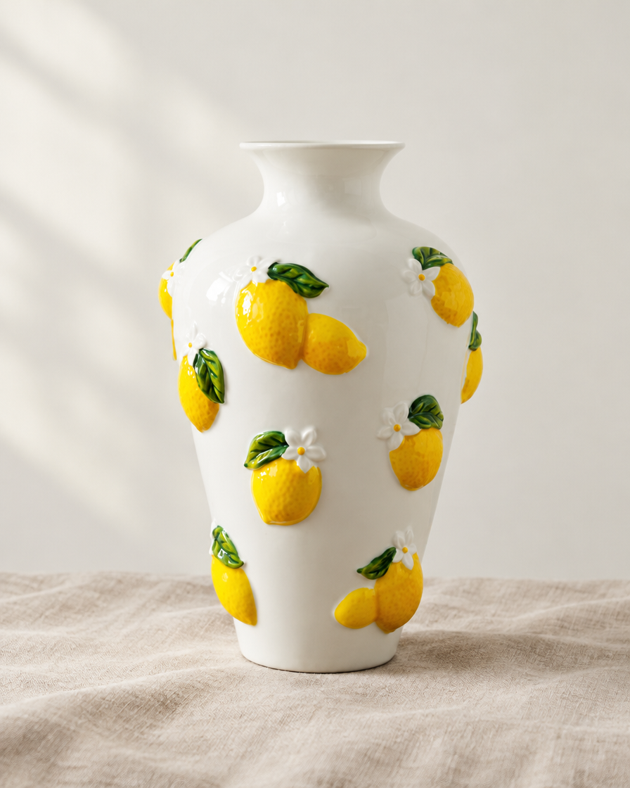 White Porcelain Vase with 3D Lemon Relief, shown alone on a linen background