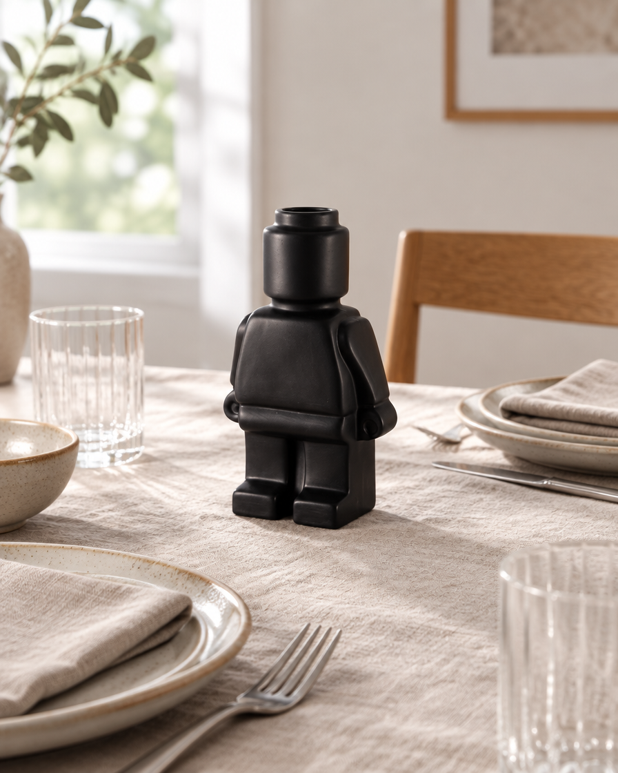 Matte Black Blocky Figure Ceramic Vase on a dining table