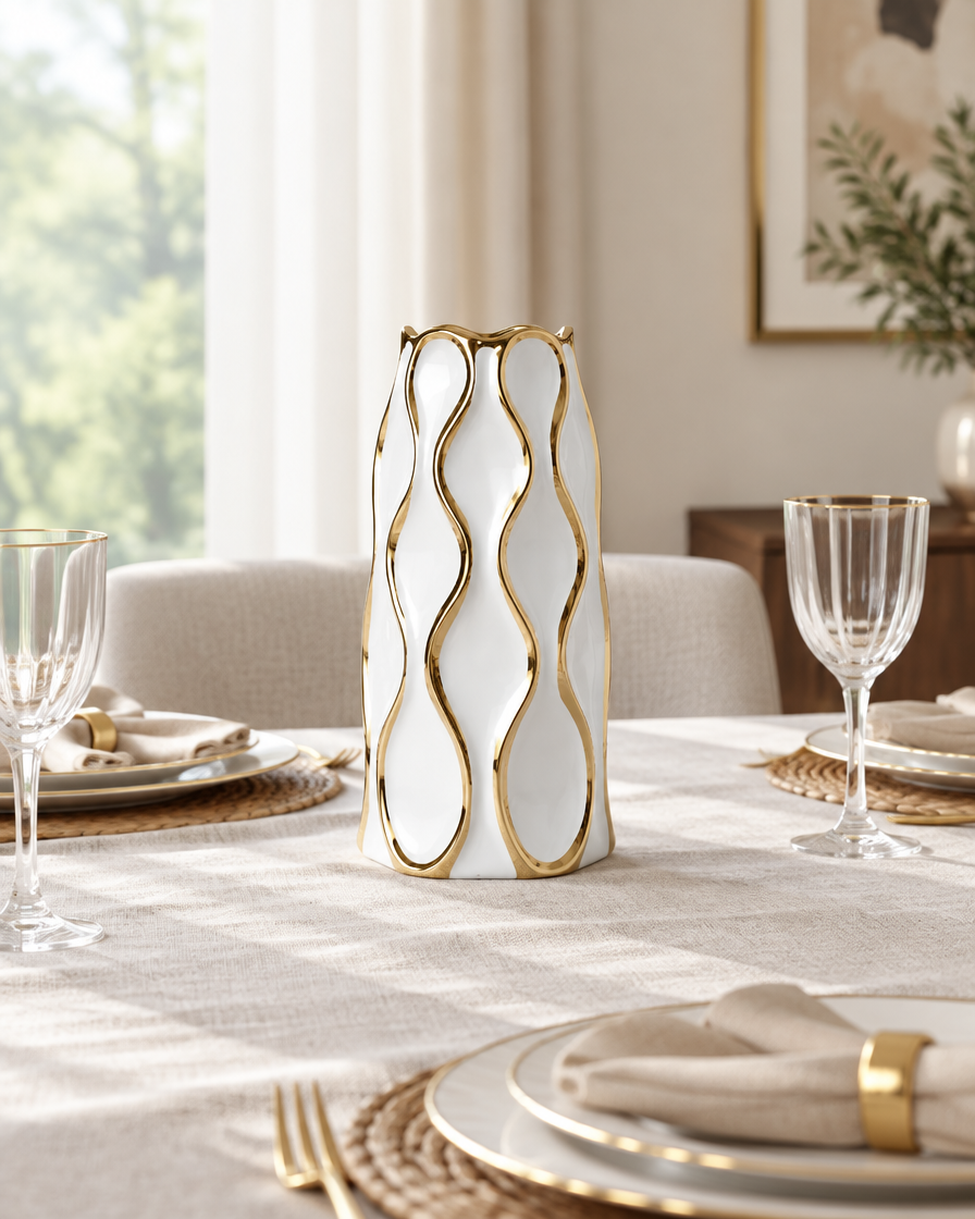 White Ceramic Vase with Gold Wavy Lines on a dining table