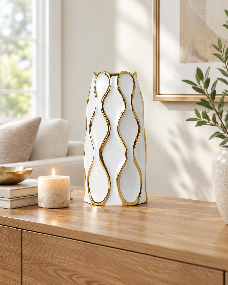 White Ceramic Vase with Gold Wavy Lines on a console table