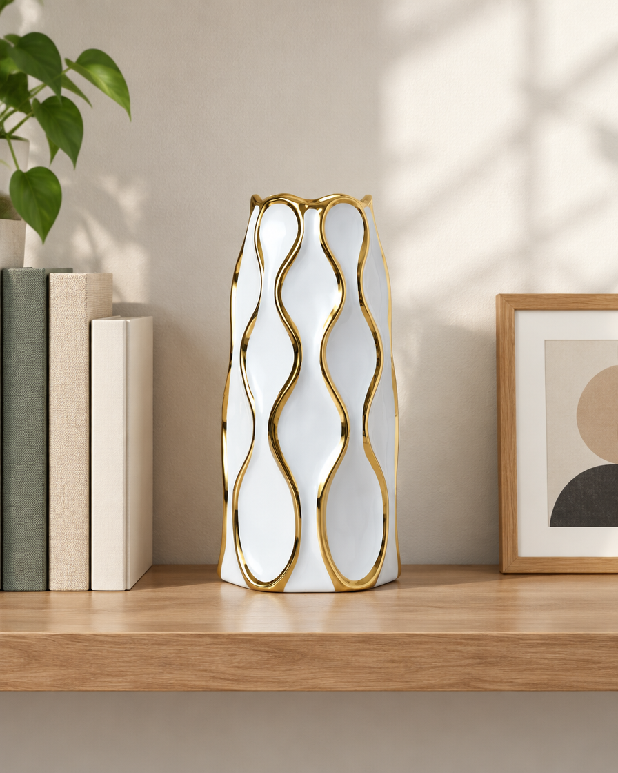 White Ceramic Vase with Gold Wavy Lines on a wooden shelf