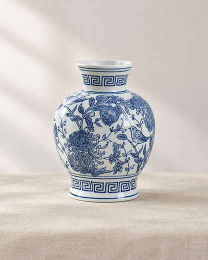 Blue and White Floral Porcelain Vase, shown alone on a linen background