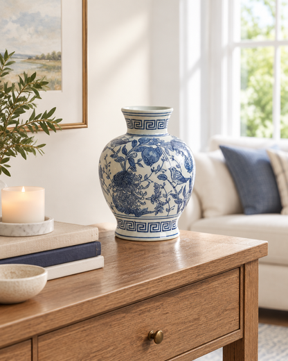 Blue and White Floral Porcelain Vase on a console table