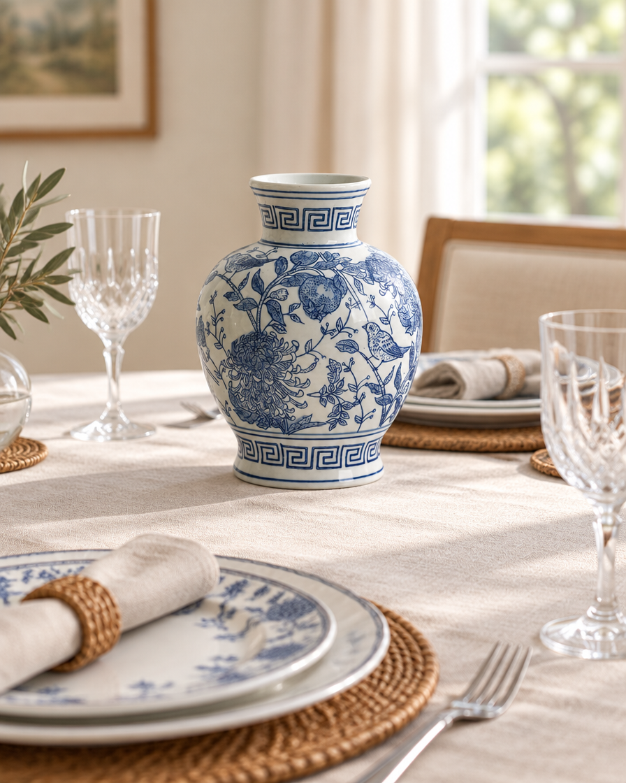 Blue and White Floral Porcelain Vase on a dining table