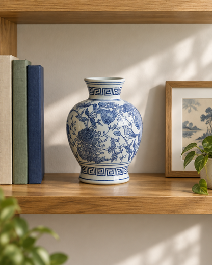 Blue and White Floral Porcelain Vase on a wooden shelf