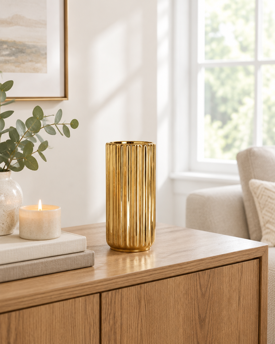 Gold Ribbed Cylinder Ceramic Vase on a console table