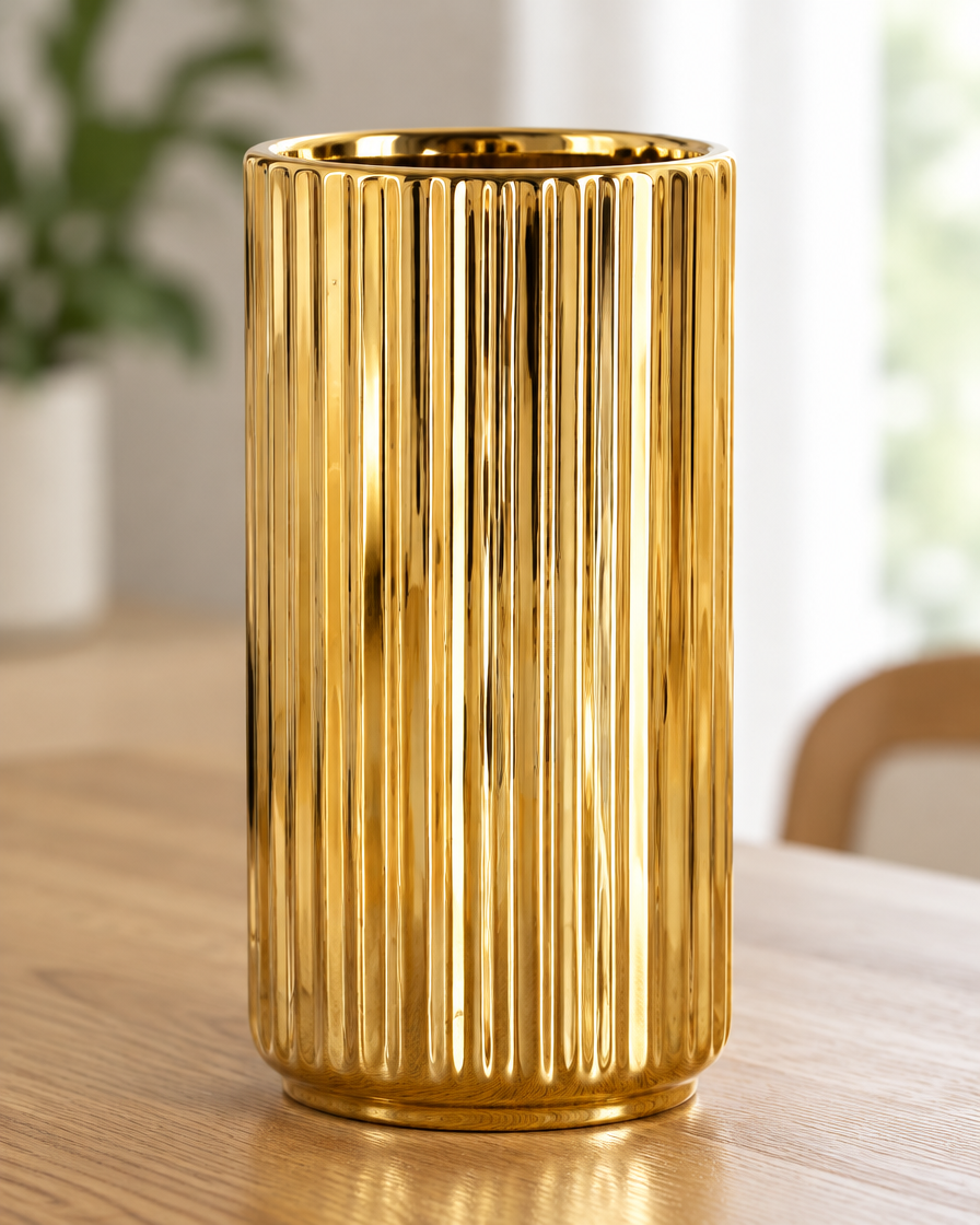 Close-up of the finish of the gold ribbed cylinder ceramic vase