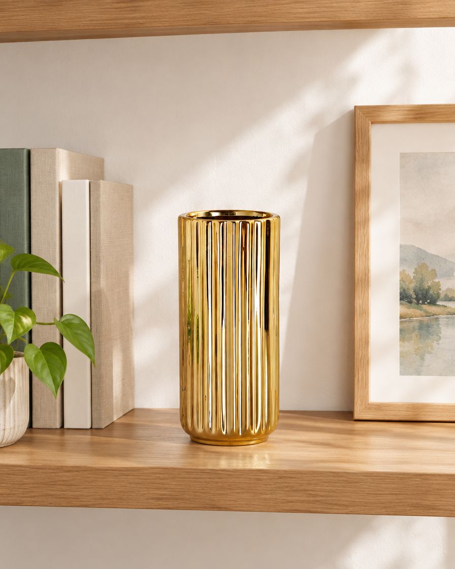 Gold Ribbed Cylinder Ceramic Vase on a wooden shelf