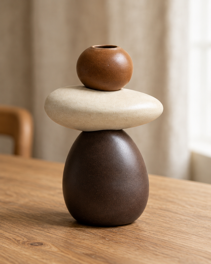 Close-up of the finish of the brown and white stacked pebble porcelain vase