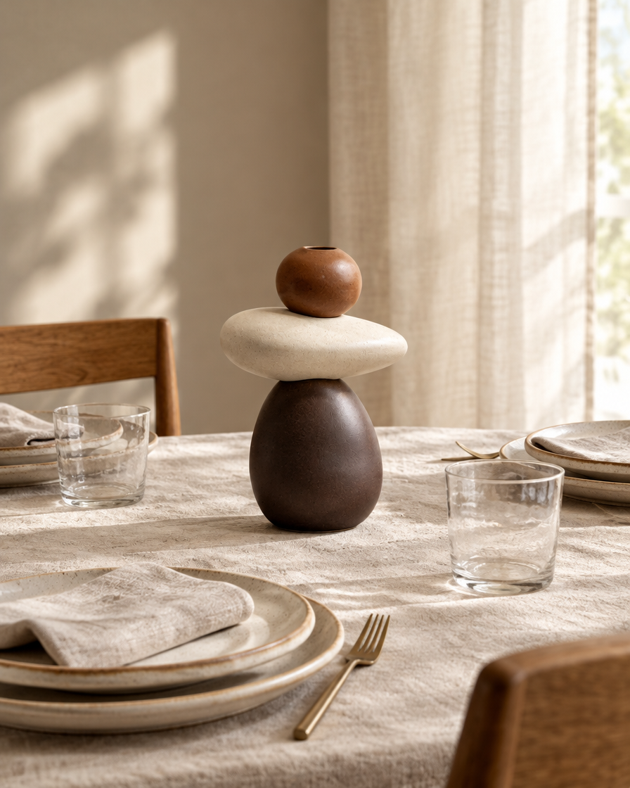 Brown and White Stacked Pebble Porcelain Vase on a dining table