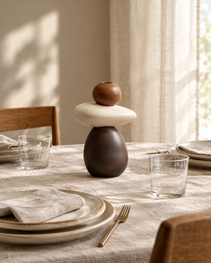 Brown and White Stacked Pebble Porcelain Vase on a dining table