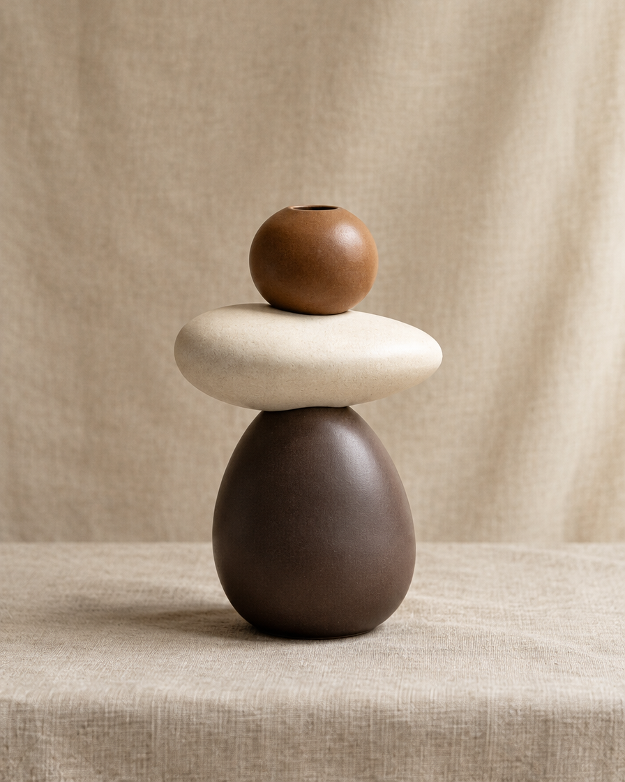 Brown and White Stacked Pebble Porcelain Vase, shown alone on a linen background