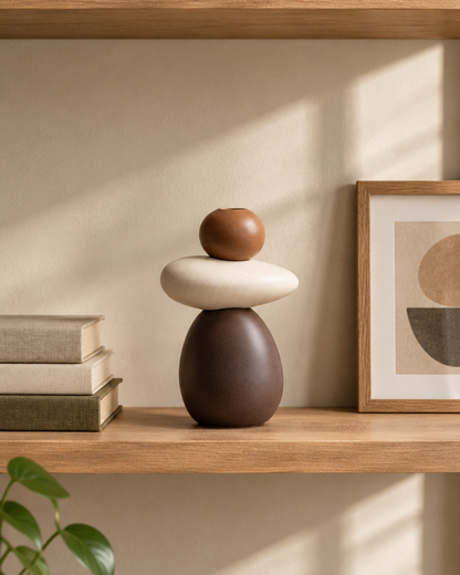 Brown and White Stacked Pebble Porcelain Vase on a wooden shelf