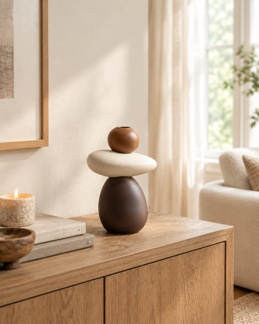 Brown and White Stacked Pebble Porcelain Vase on a console table
