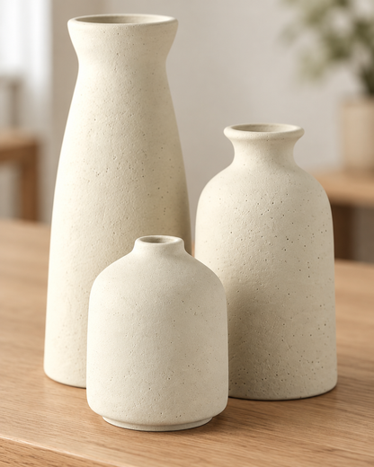 Close-up of the finish of the set of 3 cream speckled ceramic vases
