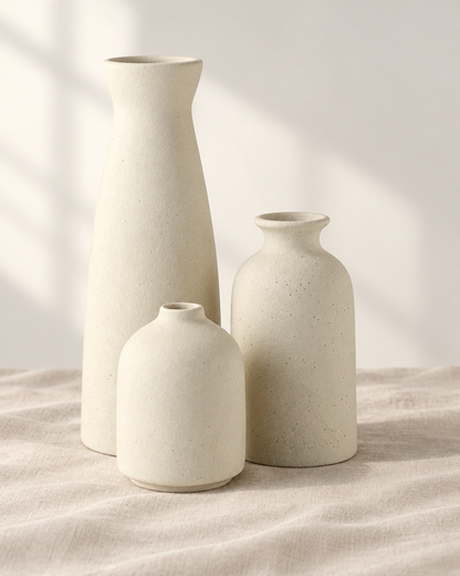 Set of 3 Cream Speckled Ceramic Vases, shown alone on a linen background