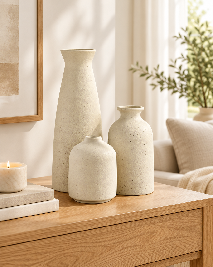 Set of 3 Cream Speckled Ceramic Vases on a console table