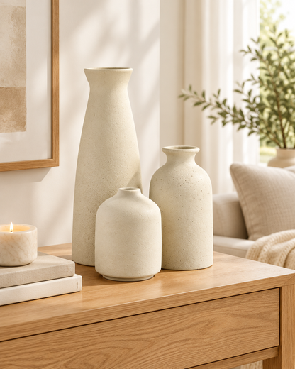 Set of 3 Cream Speckled Ceramic Vases on a console table