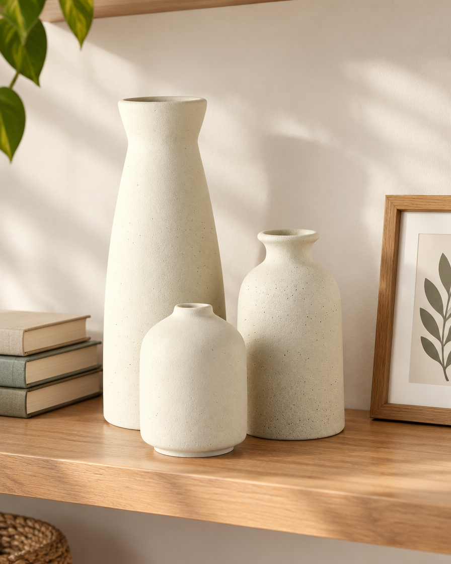 Set of 3 Cream Speckled Ceramic Vases on a wooden shelf