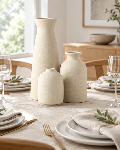 Set of 3 Cream Speckled Ceramic Vases on a dining table