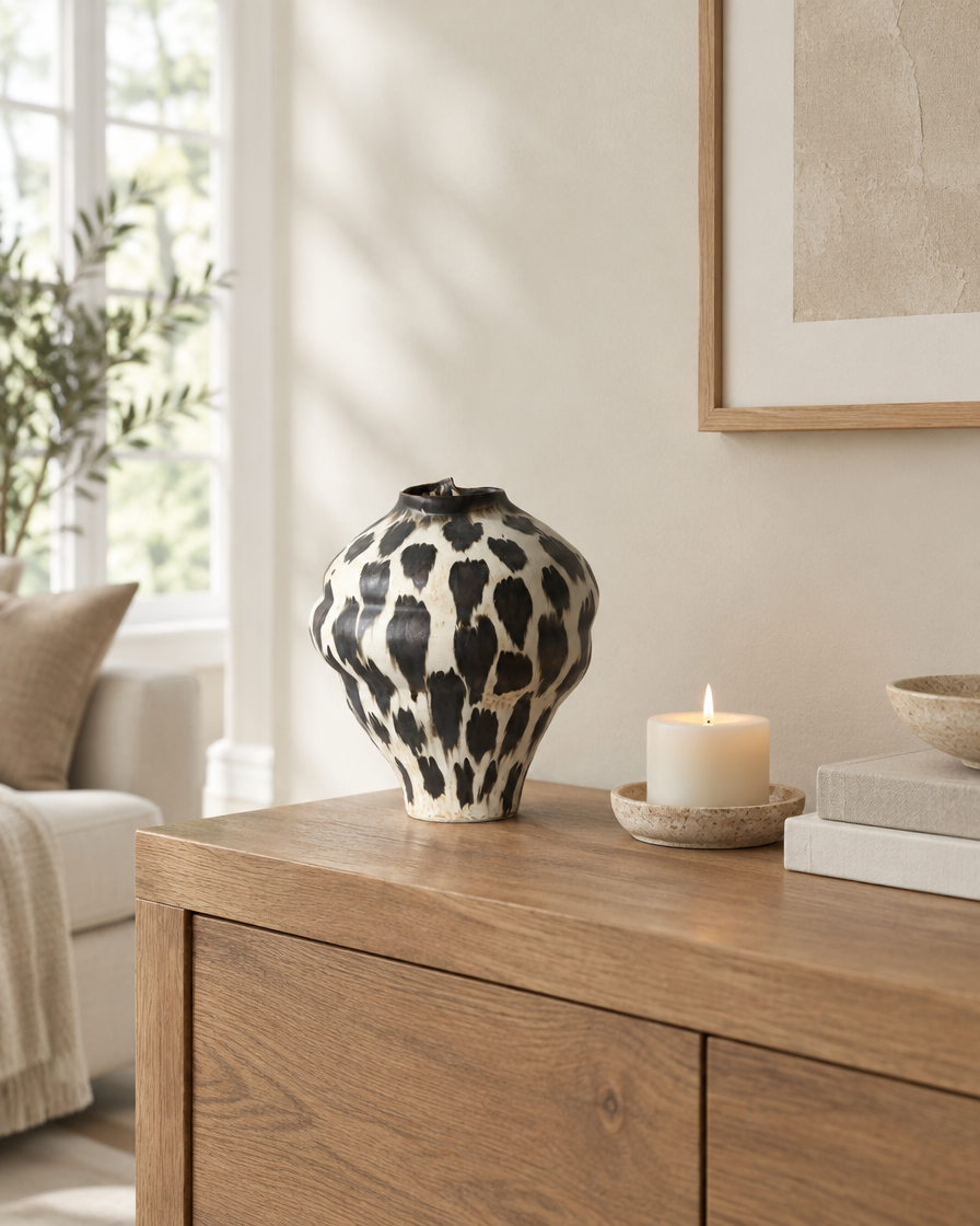 Wabi-Sabi Black and White Porcelain Vase on a console table