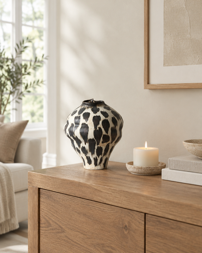 Wabi-Sabi Black and White Porcelain Vase on a console table