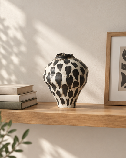 Wabi-Sabi Black and White Porcelain Vase on a wooden shelf