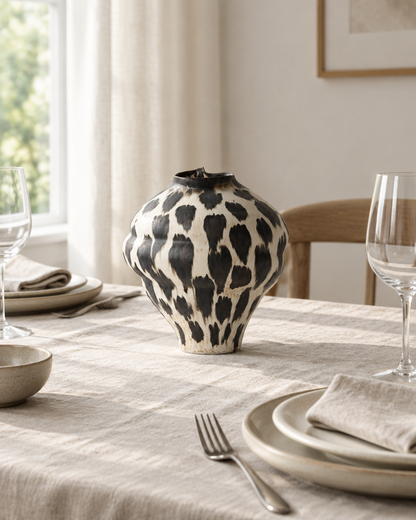 Wabi-Sabi Black and White Porcelain Vase on a dining table