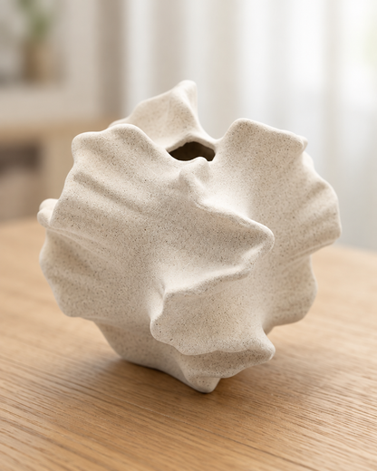 Close-up of the finish of the cream ruffled coral ceramic vase