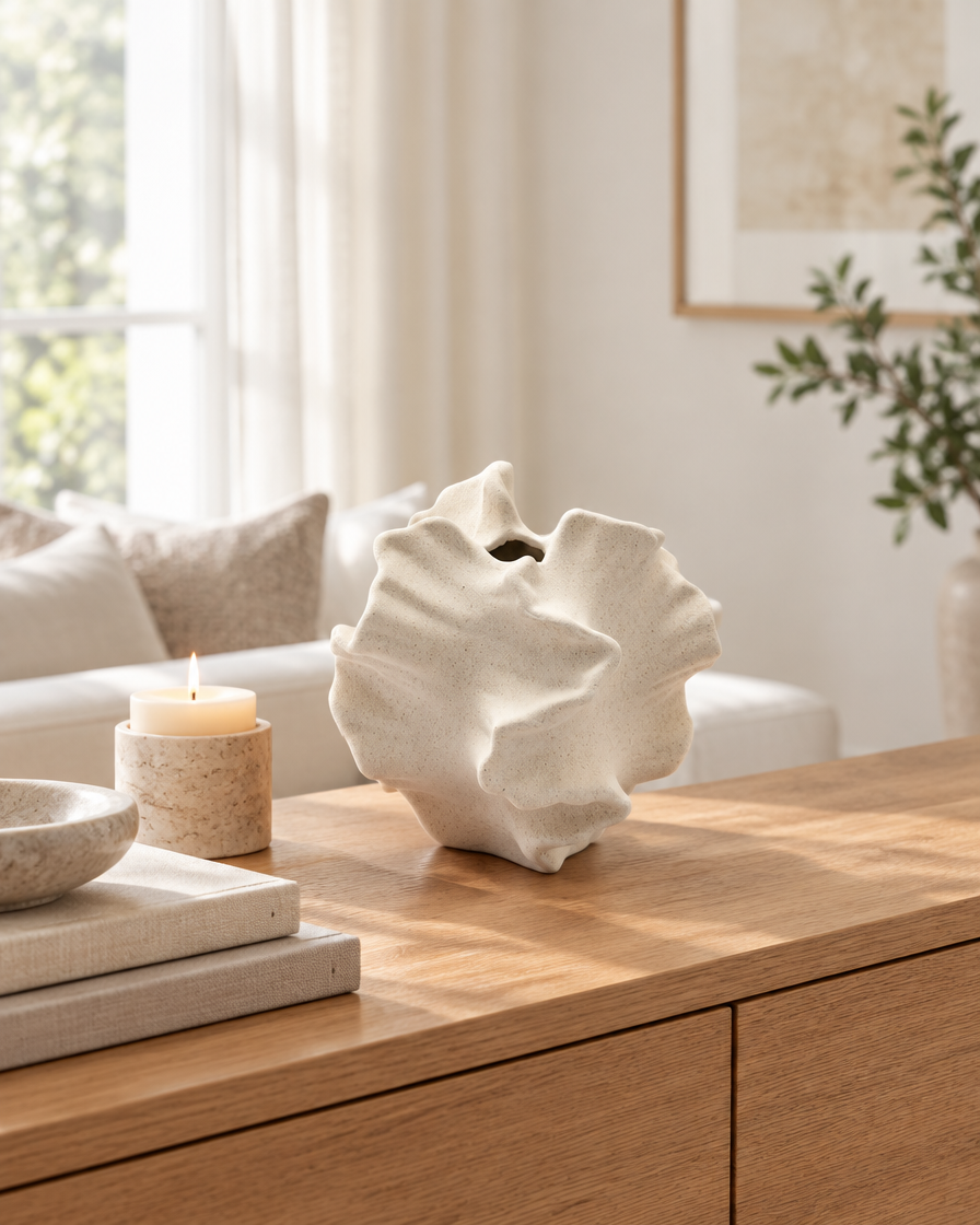 Cream Ruffled Coral Ceramic Vase on a console table