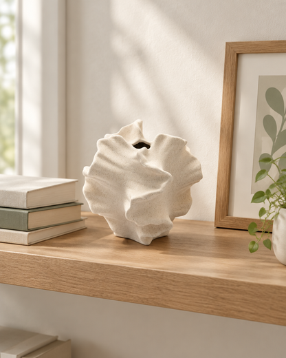 Cream Ruffled Coral Ceramic Vase on a wooden shelf
