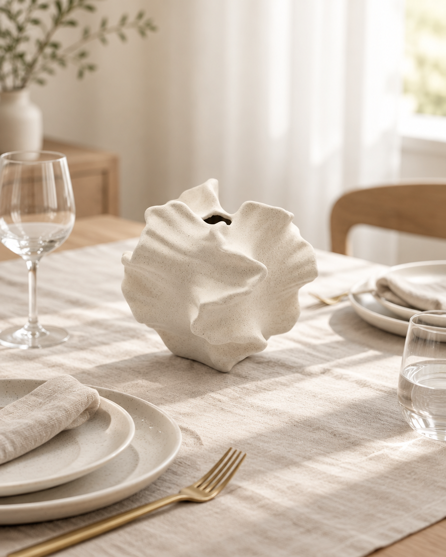 Cream Ruffled Coral Ceramic Vase on a dining table