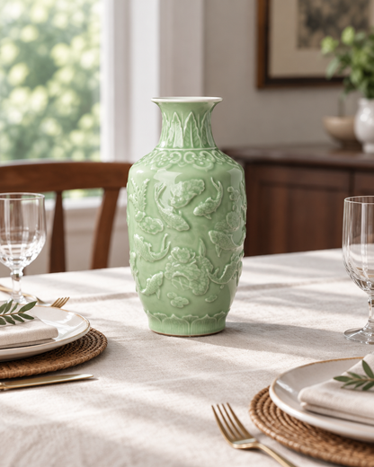 Celadon Green Embossed Relief Vase on a dining table
