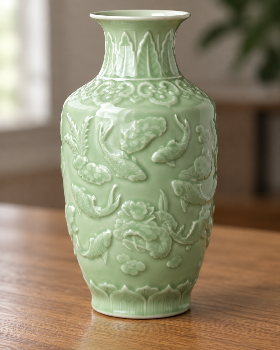 Close-up of the finish of the celadon green embossed relief vase