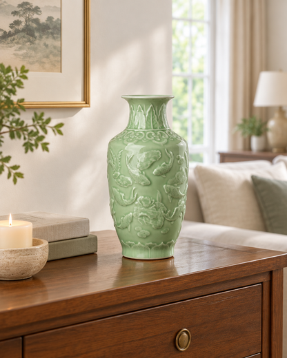 Celadon Green Embossed Relief Vase on a console table