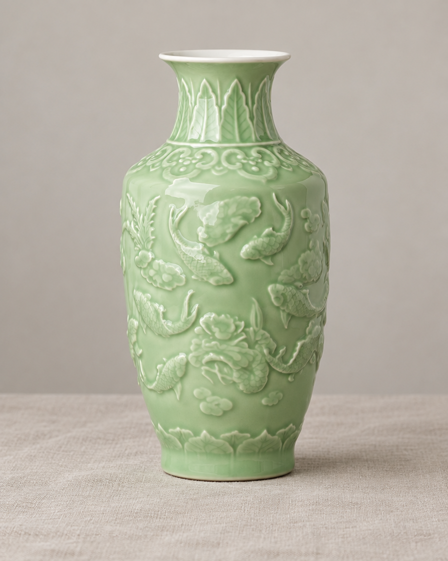 Celadon Green Embossed Relief Vase, shown alone on a linen background